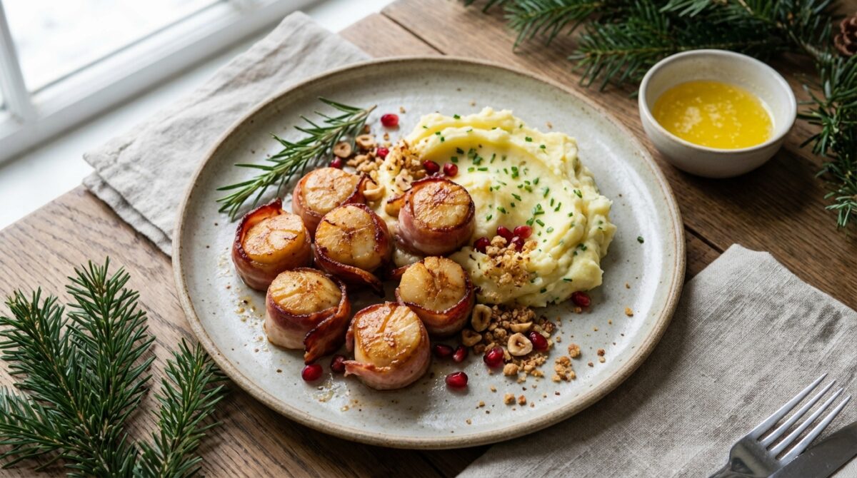 découvrez ce plat festif mêlant saint-jacques au lard, purée beurrée et crumble noisette pour une explosion de saveurs sucré-salé irrésistible.