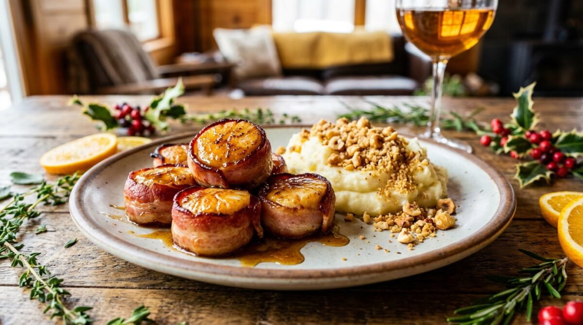 découvrez ce plat festif sucré-salé réunissant saint-jacques au lard, purée beurrée onctueuse et crumble noisette croquant, pour une explosion de saveurs unique et gourmande.