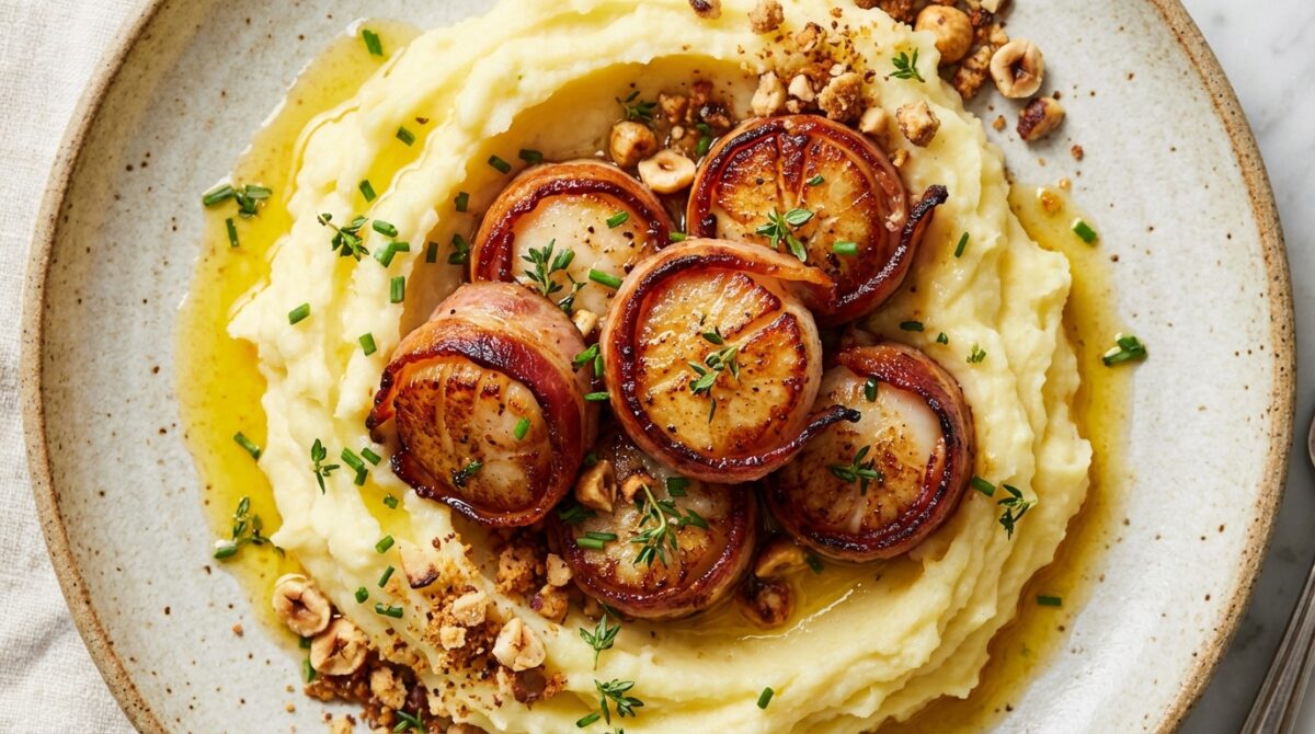 découvrez ce plat sucré-salé festif : saint-jacques au lard accompagnées d'une purée beurrée et d'un crumble noisette, une explosion de saveurs qui ravira vos papilles.