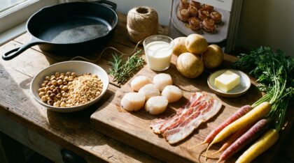 découvrez ce délicieux plat festif de saint-jacques au lard, accompagné d'une purée beurrée onctueuse et d'un crumble noisette croustillant, alliant saveurs sucrées-salées pour régaler vos papilles.