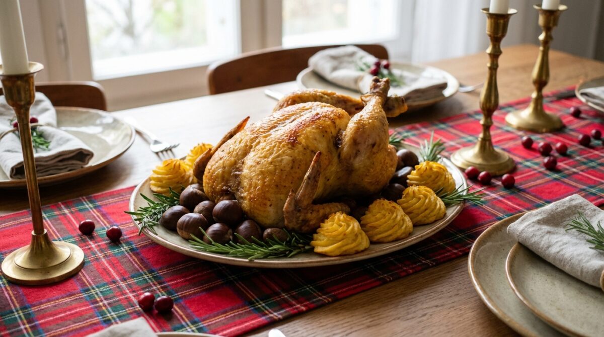 savourez le chapon rôti aux marrons accompagné de pommes dauphines, le grand classique des repas de noël qui émerveille toujours vos convives.