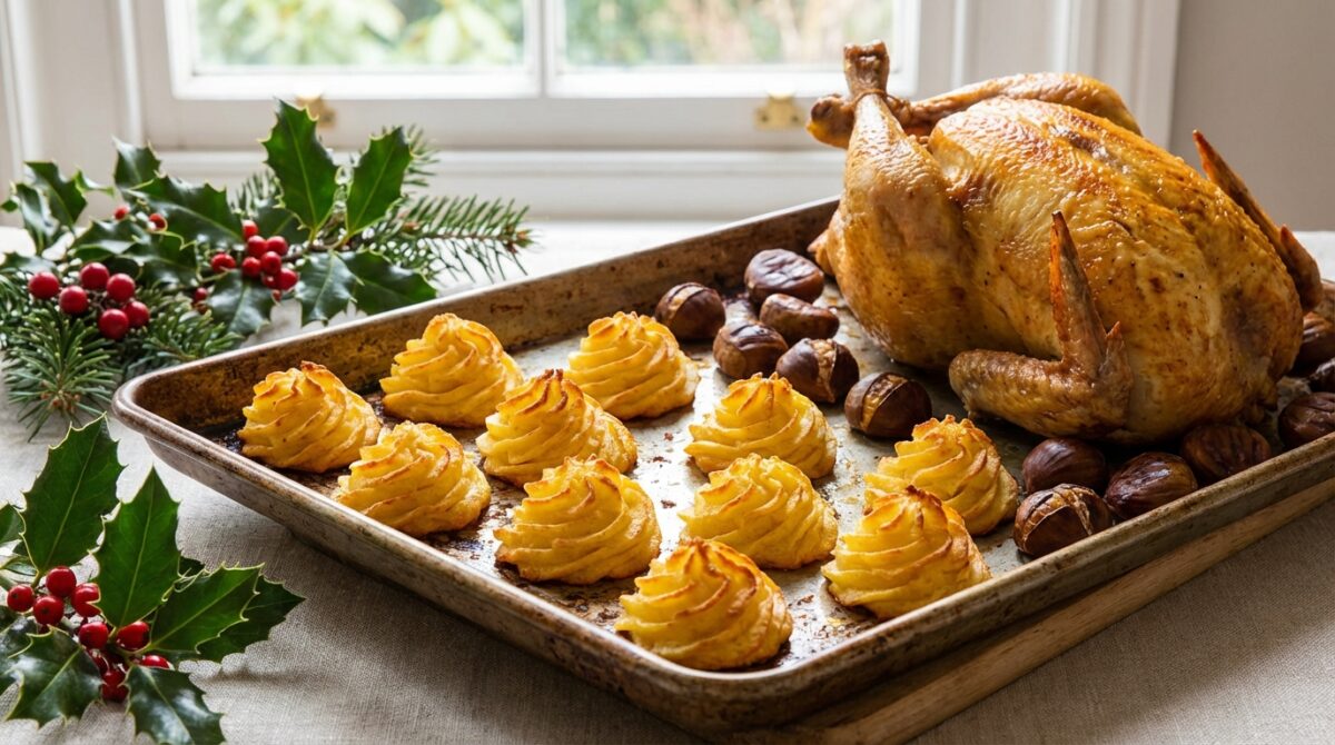 découvrez le chapon rôti aux marrons accompagné de pommes dauphines, le grand classique des repas de noël qui émerveille à chaque festin.