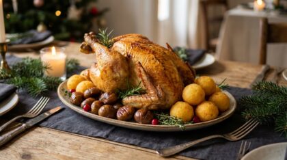 découvrez notre recette classique de chapon rôti accompagné de marrons et pommes dauphines, le plat traditionnel de noël qui émerveille toujours les convives.