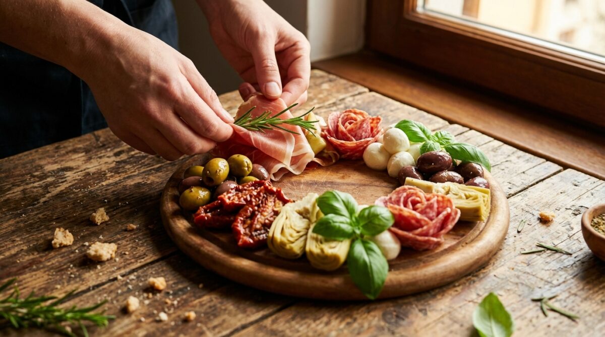 découvrez notre couronne festive d’antipasti, l’apéritif raffiné qui sublime vos tables de fête avec des saveurs délicates et une présentation élégante.