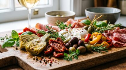 découvrez notre couronne festive d’antipasti, l’apéritif raffiné parfait pour sublimer vos tables de fête avec élégance et saveurs variées.