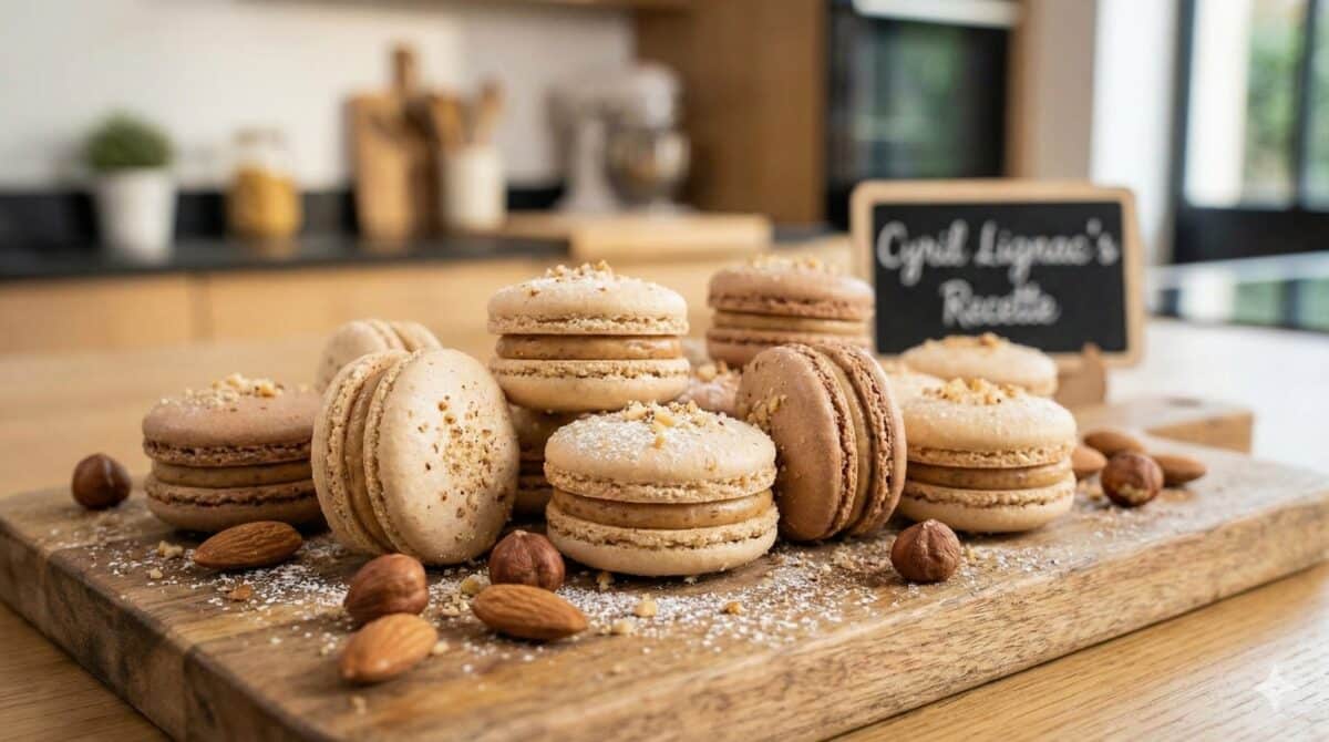 Macarons aux amandes et noisettes posés sur une planche en bois, pâtisseries gourmandes avec garniture crémeuse, décorés de poudre de noisette, dans une cuisine moderne en arrière-plan