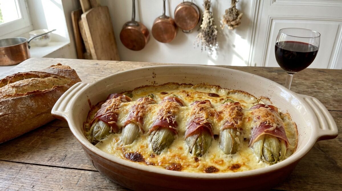 découvrez notre recette revisitée d'endives au jambon, avec une béchamel onctueuse, un parmesan gratiné et un fondant irrésistible qui ravira vos papilles.