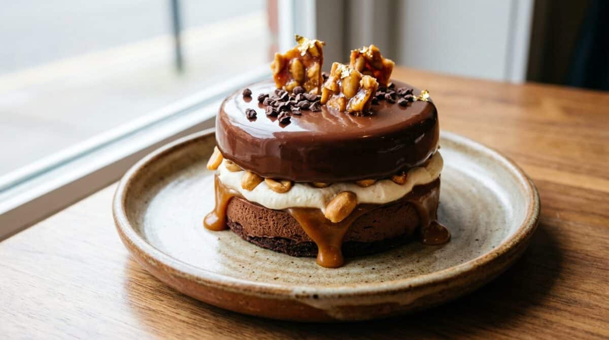 découvrez un dessert caramel-chocolat irrésistible alliant croustillant, cœur coulant et cacahuètes grillées pour une explosion de saveurs.