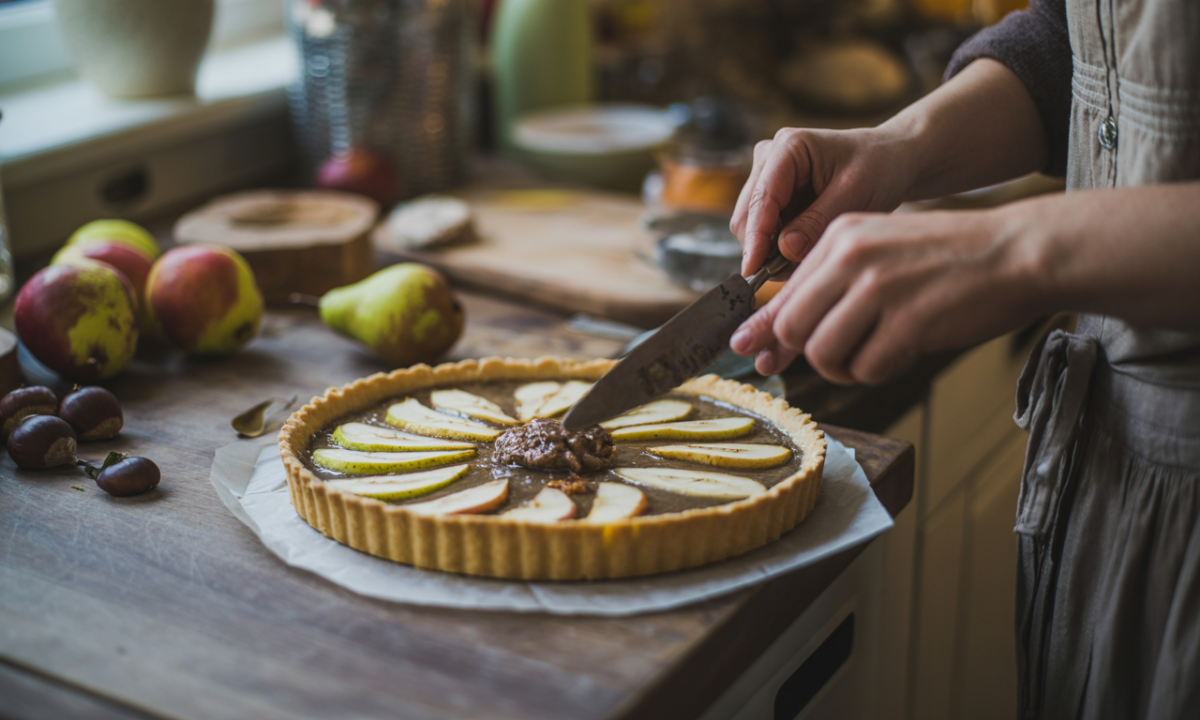 découvrez la recette réinventée par julie andrieu : une tarte aux poires, châtaignes et noisettes, douce et gourmande, qui célèbre l'automne et rend hommage aux saveurs de la cuisine de grand-mère.