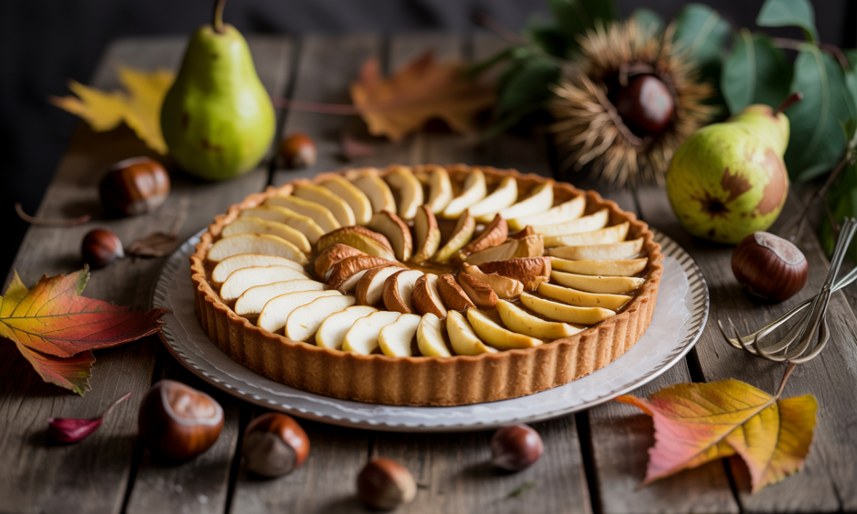 découvrez la tarte revisitée de julie andrieu, alliant poires, châtaignes et noisettes, pour un automne gourmand plein de douceur et de nostalgie, hommage à la cuisine de grand-mère.