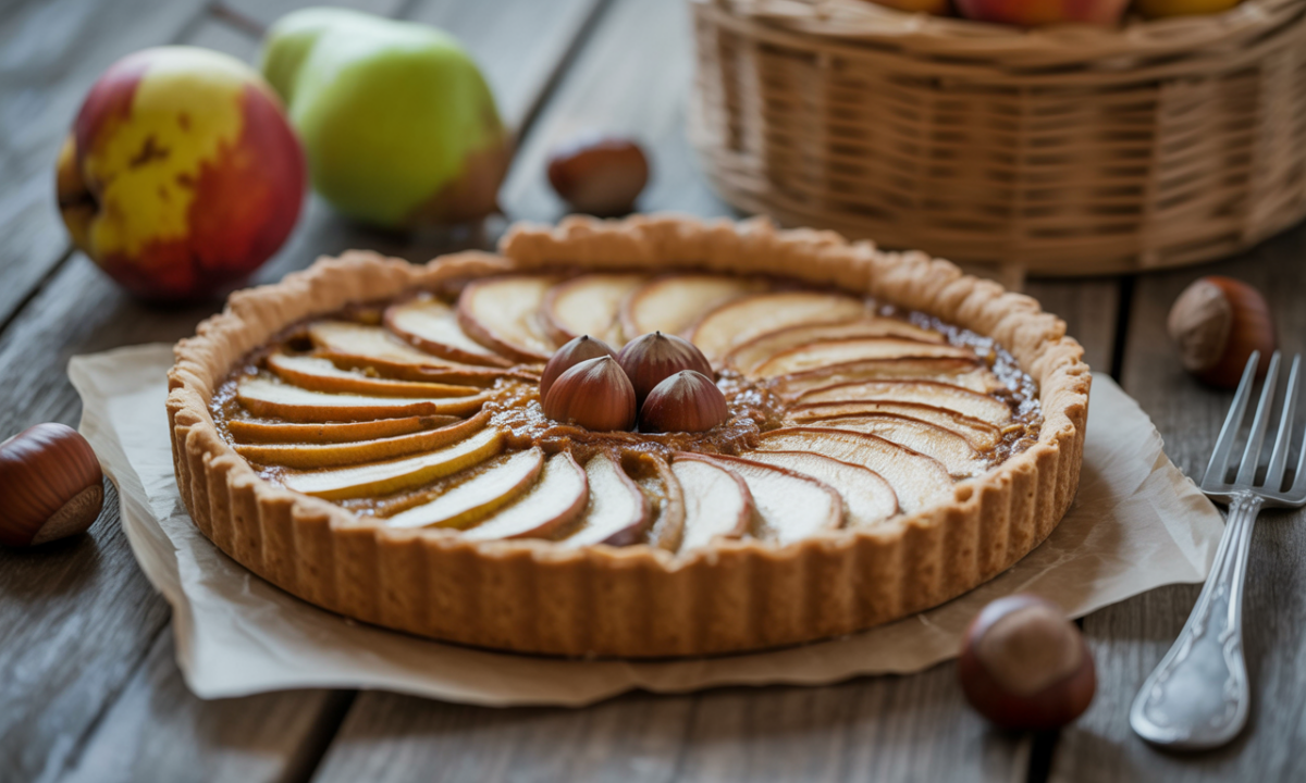 découvrez la tarte automnale reinventée par julie andrieu, mêlant poires, châtaignes et noisettes pour un délicieux hommage à la cuisine de grand-mère.