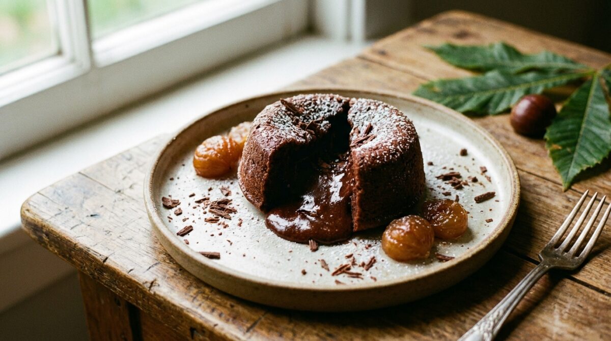 découvrez notre dessert de chef revisitant le fondant chocolat-marron, avec un cœur coulant, une texture fondante et une intensité gourmande unique pour une expérience chocolatée inoubliable.