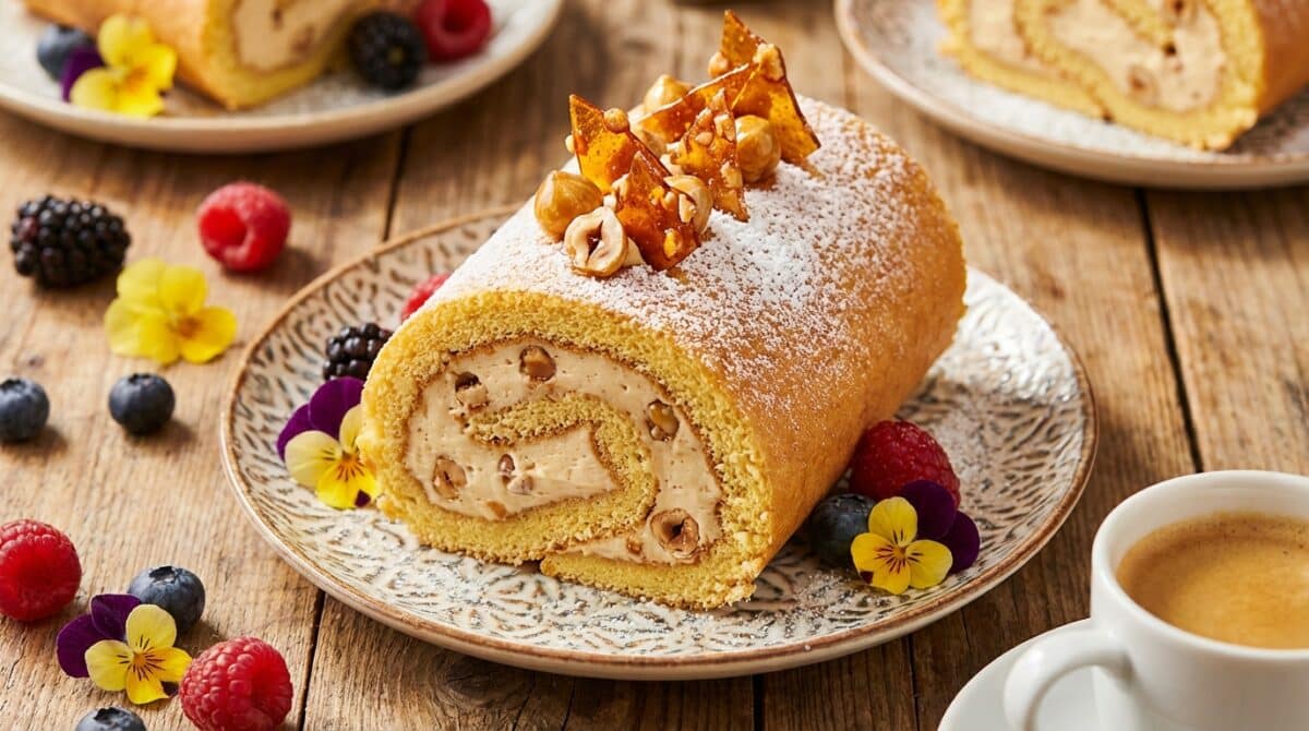 découvrez le roulé praliné à la crème mousseline et noisettes croustillantes, une gourmandise irrésistible qui fond parfaitement en bouche pour le bonheur de tous les amateurs de douceurs.