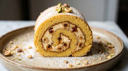 découvrez le roulé praliné à la crème mousseline et noisettes croustillantes, une gourmandise irrésistible qui ravira tous les amateurs de douceur.