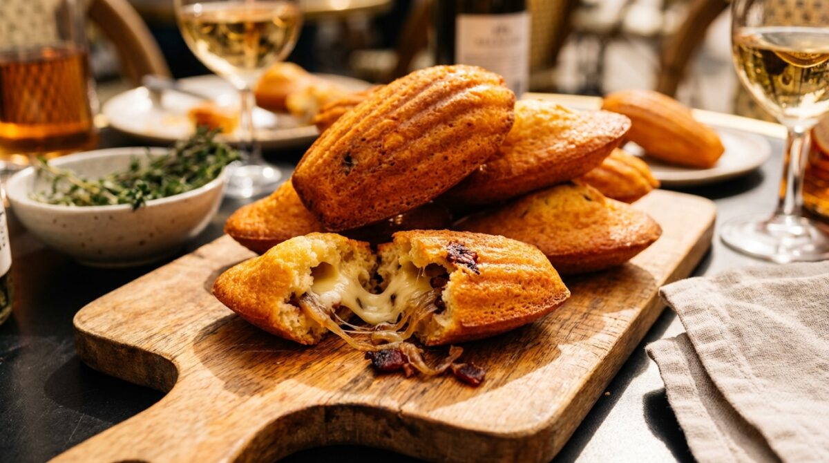 découvrez les madeleines salées au comté avec un cœur coulant d'oignons et lard fumé, une recette irrésistible qui fera sensation à l'apéro.