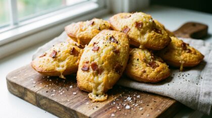 découvrez les madeleines salées au comté avec un cœur coulant d'oignons et lard fumé, une recette gourmande et originale qui fera sensation à l’apéro.