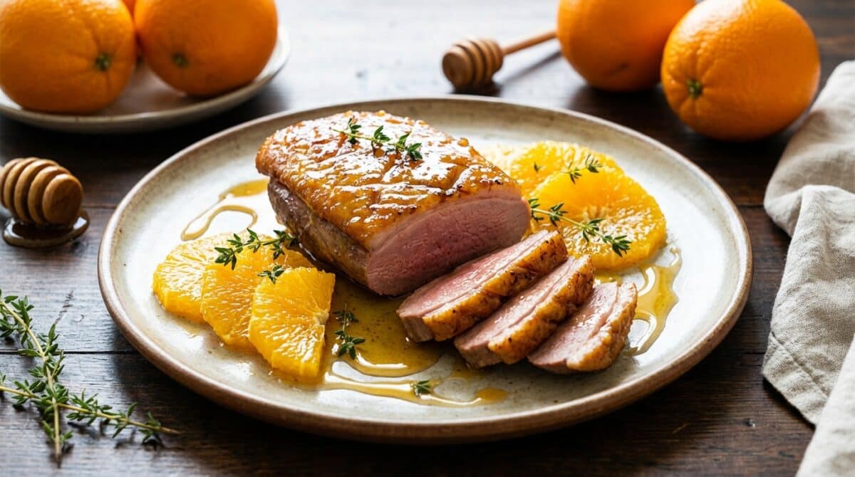 découvrez notre magret à l’orange revisité, une recette fondante alliant la douceur des agrumes et la touche sucrée du miel pour un plat savoureux et original.