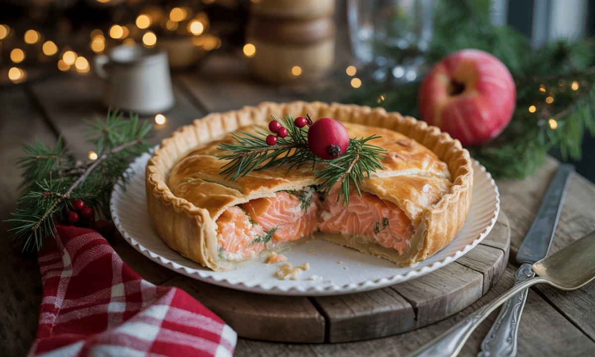 découvrez notre recette de tourte au saumon, un plat feuilleté et fondant parfait pour un noël chic et convivial, facile à préparer pour régaler tous vos invités sans stress.