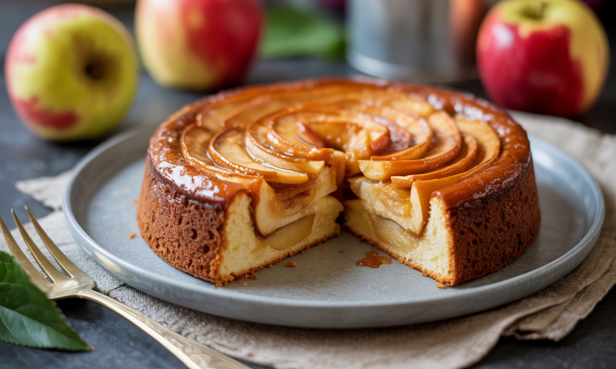 découvrez un gâteau aux pommes simple et délicieux, rehaussé d'une couche caramélisée qui apporte douceur et croquant à chaque bouchée.
