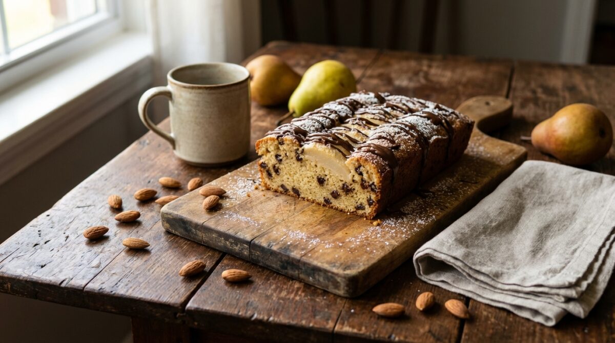 découvrez notre gâteau aux poires et amandes, agrémenté de pépites de chocolat pour une touche irrésistible, alliant douceur et gourmandise à chaque bouchée.