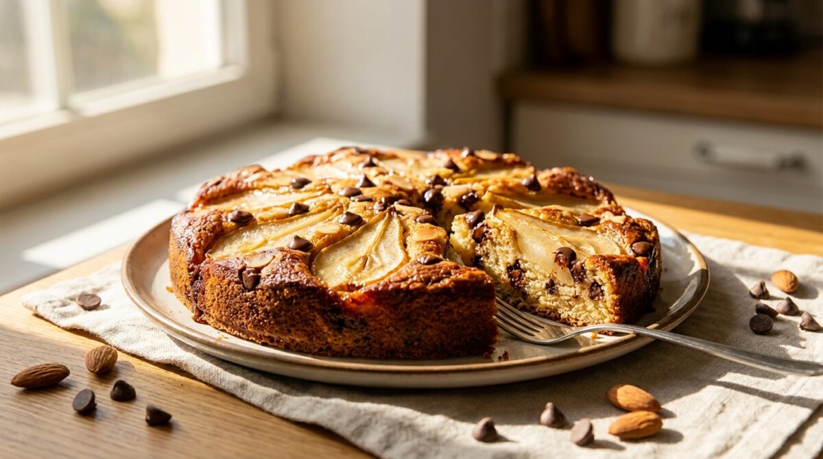 découvrez notre gâteau aux poires et amandes, sublimé par des pépites de chocolat pour une saveur gourmande et irrésistible, parfait pour toutes les occasions.