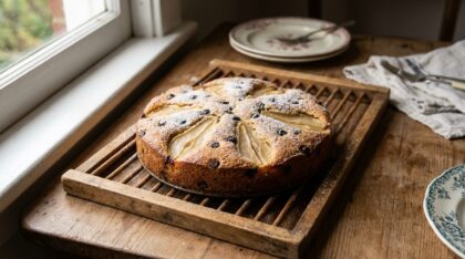 dégustez un gâteau aux poires et amandes, agrémenté de pépites de chocolat pour une touche gourmande et irrésistible, parfait pour toutes les occasions.