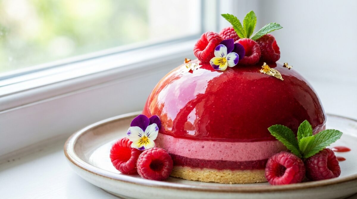 découvrez notre bavarois framboise accompagné d'un miroir fraise brillant et d'un fondant aux amandes, pour un dessert frais, délicat et plein de saveurs.