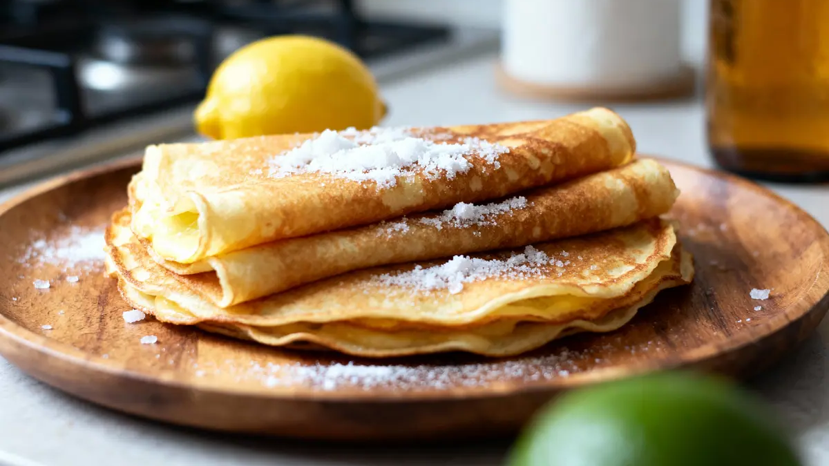 Crêpes fines et dorées empilées sur une assiette, préparées avec une pâte légère à la bière