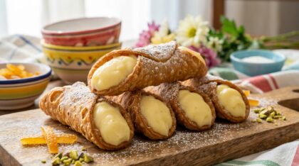 découvrez notre recette gourmande de cannoli dorés au four, garnis d'une onctueuse crème pâtissière à la vanille. facile à réaliser, un dessert délicieux à tester sans attendre !
