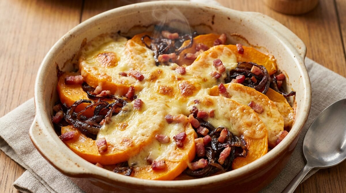 découvrez la courgiflette, une délicieuse variante de la tartiflette traditionnelle préparée avec de la courge butternut pour une touche gourmande et originale.
