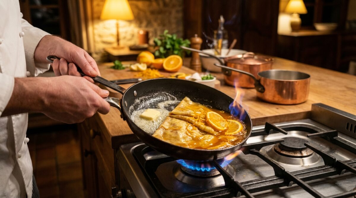 découvrez la recette des crêpes suzette comme au restaurant avec le secret du flambage minute de camille delcroix pour un dessert délicieux et spectaculaire.