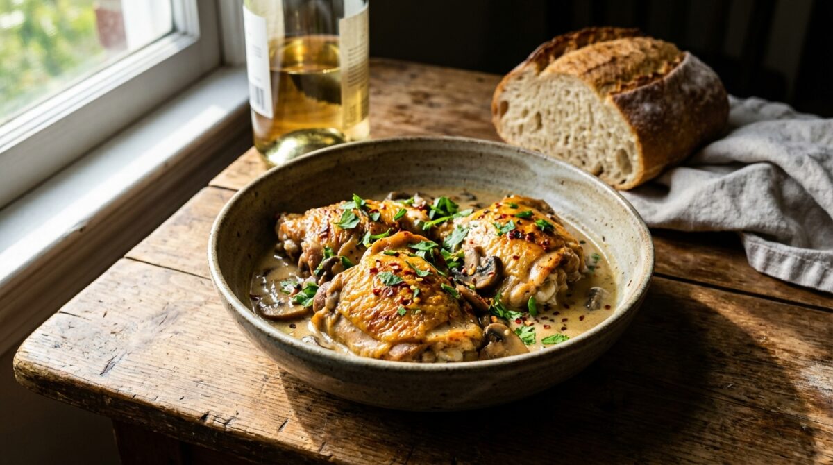 découvrez notre recette de cuisses de poulet au vin blanc, crème et champignons, un plat familial ultra fondant et savoureux, parfait pour régaler toute la famille.
