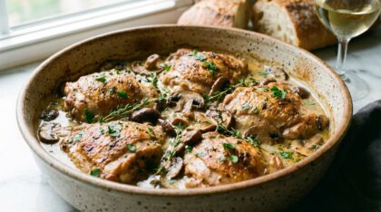 découvrez la recette familiale des cuisses de poulet au vin blanc, crème et champignons, un plat ultra fondant et savoureux qui régalera toute la famille.