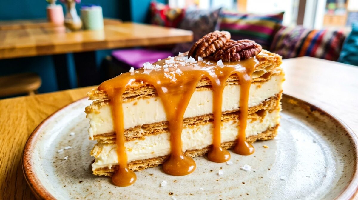 savourez un millefeuille revisité façon cheesecake au caramel beurre salé, une explosion de gourmandise et de douceurs irrésistibles.