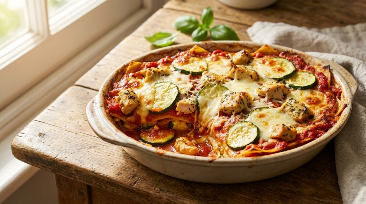 savourez des lasagnes au poulet, courgettes et tomates, une recette facile à réaliser et pleine de gourmandise pour un repas convivial.