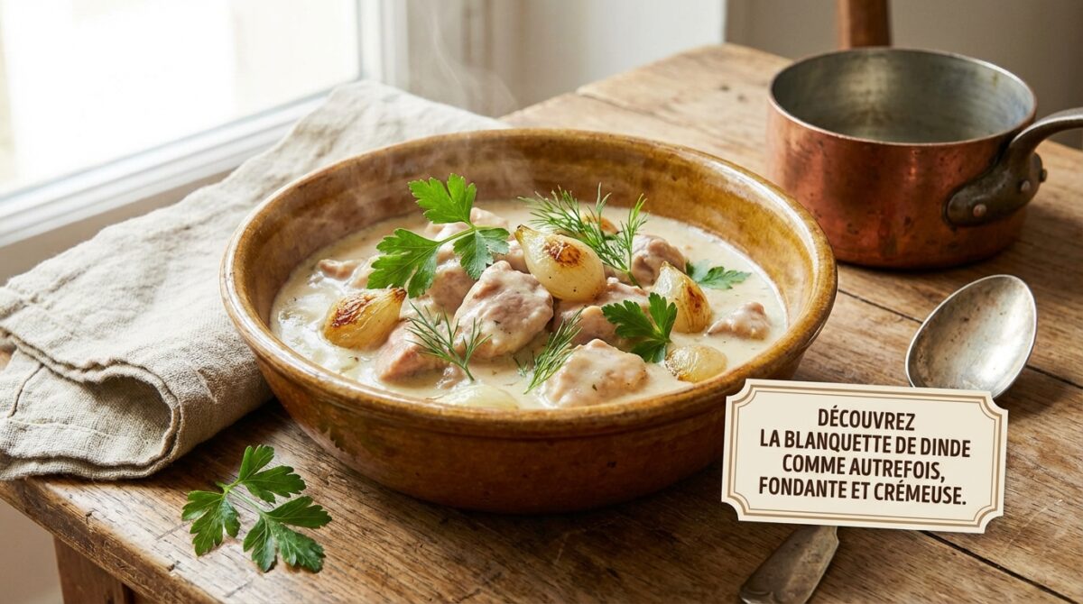 savourez la blanquette de dinde traditionnelle, fondante et crémeuse, préparée selon les recettes d'autrefois pour un goût authentique.