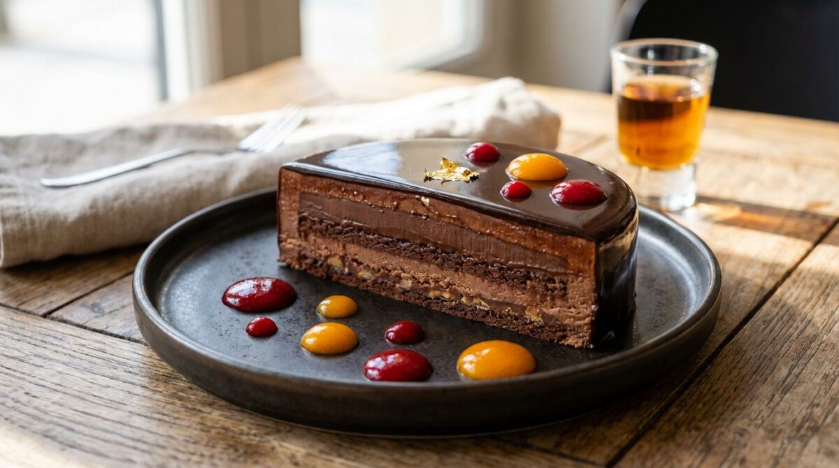 savourez l’entremet au chocolat exceptionnel de françois perret, une création raffinée digne des plus grandes pâtisseries françaises.