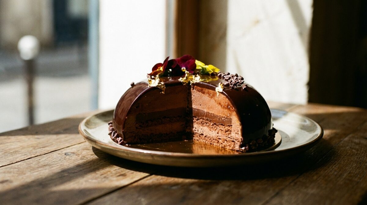 savourez l’entremet au chocolat de françois perret, une création raffinée et élégante qui incarne l'excellence d’une grande pâtisserie française.