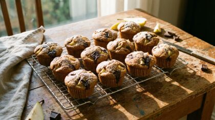 découvrez notre recette gourmande de muffins moelleux poire–chocolat noir, parfaits pour un goûter délicieux et irrésistible à partager en famille ou entre amis.