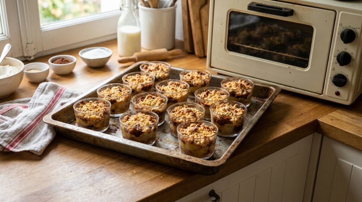 découvrez nos verrines poire-chocolat façon crumble, alliant la douceur fondante des poires à la texture croquante du crumble pour un dessert gourmand et raffiné.