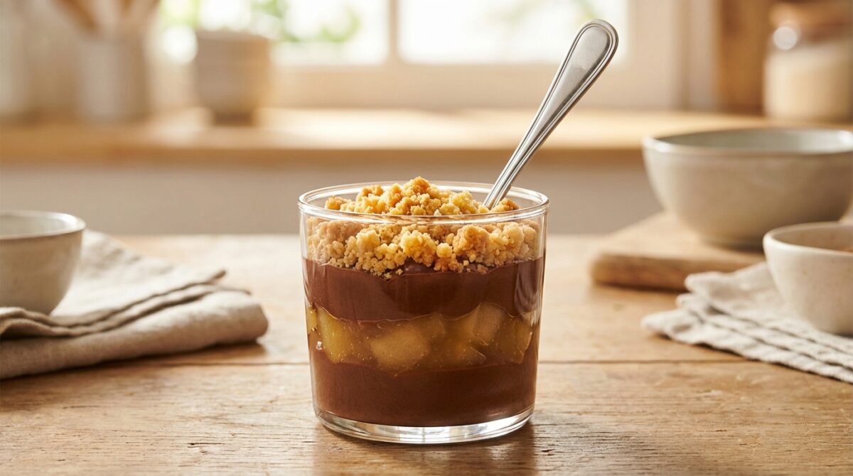 découvrez l'harmonie parfaite entre douceur et texture avec nos verrines poire–chocolat façon crumble, alliant fondant et croquant pour un dessert irrésistible.