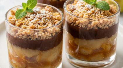 découvrez la recette gourmande de verrines poire-chocolat façon crumble, un dessert alliant fondant des poires et croquant du crumble pour une explosion de saveurs.