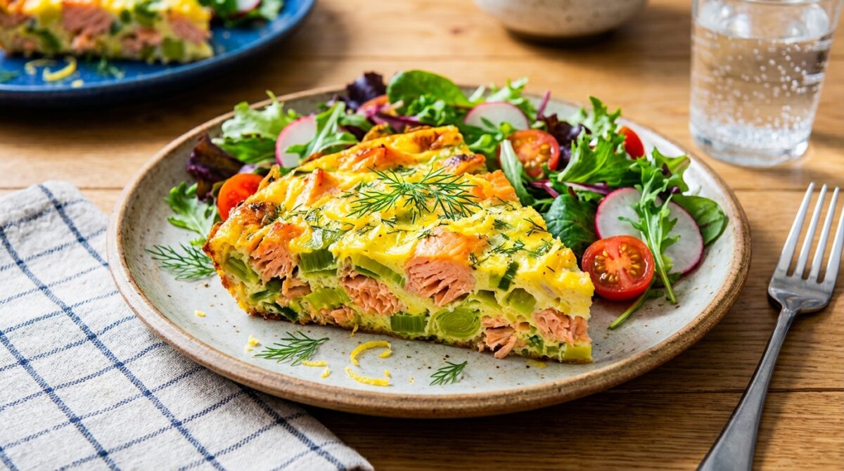 découvrez une quiche sans pâte légère et savoureuse, garnie de saumon fumé et de poireau, idéale pour un repas équilibré et gourmand.