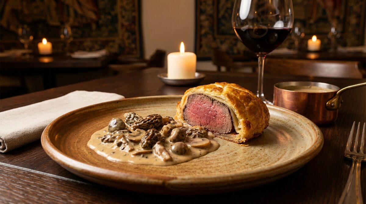 découvrez notre filet mignon en croûte garni de foie gras, délicatement nappé d'une sauce onctueuse aux morilles pour un repas raffiné et gourmand.