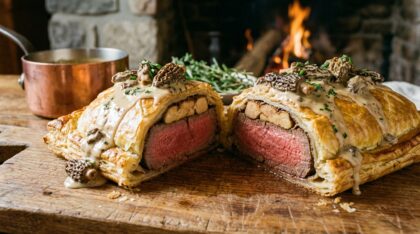 découvrez notre filet mignon en croûte, délicieusement garni de foie gras et nappé d'une sauce onctueuse aux morilles, pour un repas raffiné et savoureux.