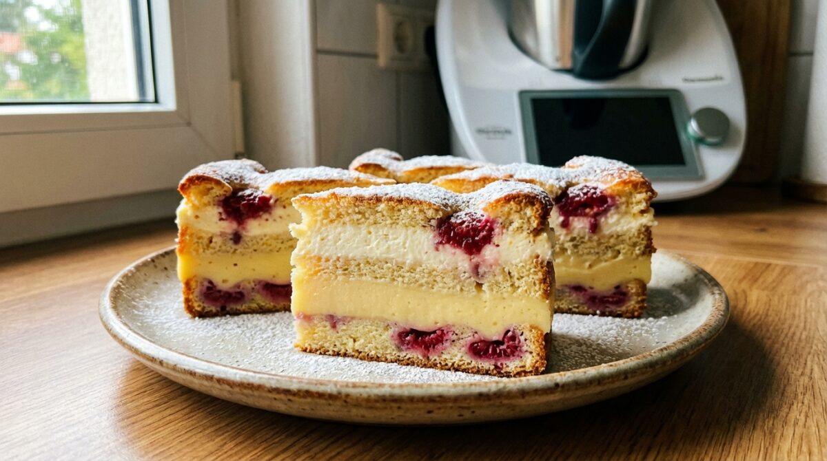 découvrez la recette facile et bluffante du gâteau magique vanille framboise au thermomix, alliant textures fondantes et saveurs gourmandes pour un dessert incontournable.