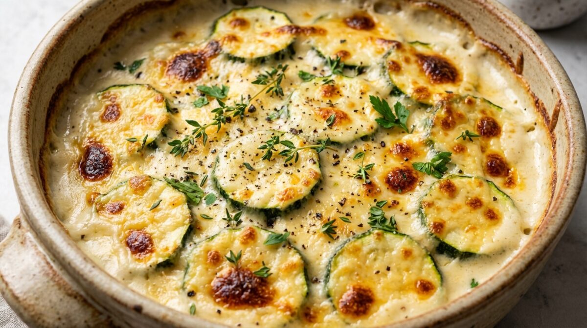 savourez un gratin de courgettes à la béchamel, doré et crémeux, parfait pour un plat réconfortant et gourmand.