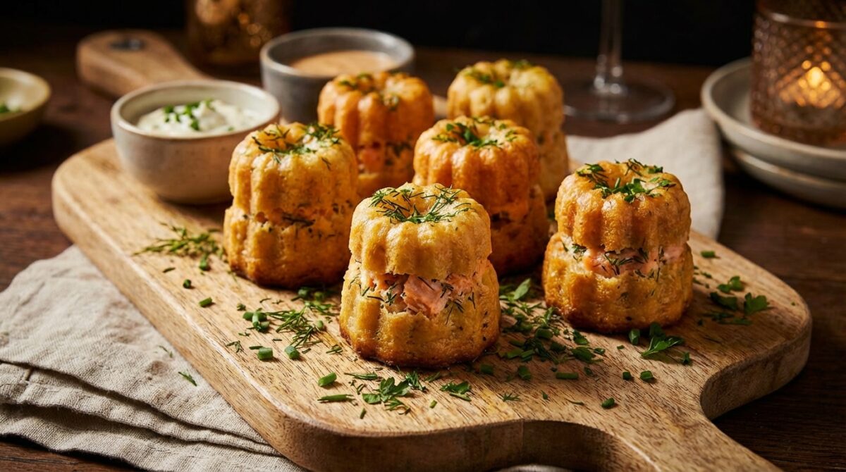 découvrez la recette originale des cannelés salés au saumon et à l’aneth, une délicieuse surprise qui ravira vos invités à l’apéritif.