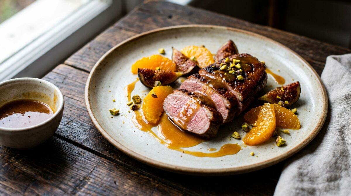 découvrez la recette élégante du magret de canard rôti accompagné d'une sauce au nougat, alliant subtilement saveurs sucrées et salées pour un plat raffiné.