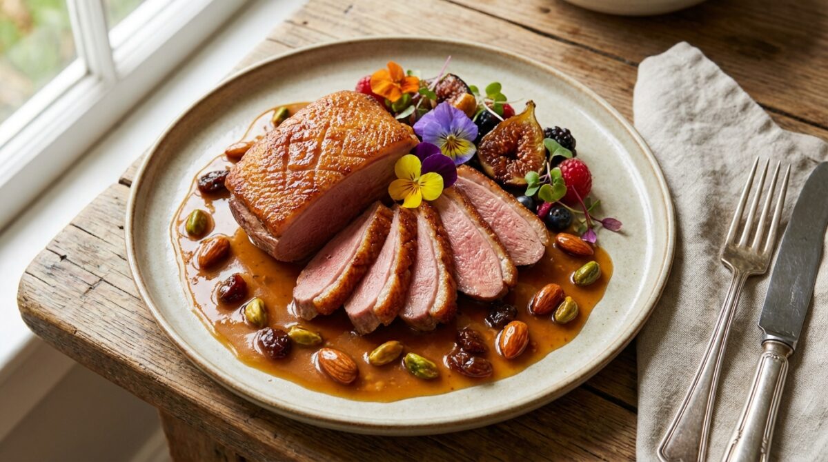 découvrez notre recette élégante de magret de canard rôti accompagné d'une sauce au nougat, un mariage parfait entre saveurs sucrées et salées pour un repas raffiné.